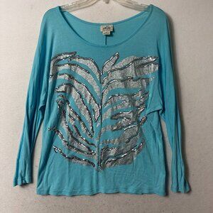 ARIAT Women's top tee t shirt sz L Aqua Blue Silver Sequin Western Art cowgirl